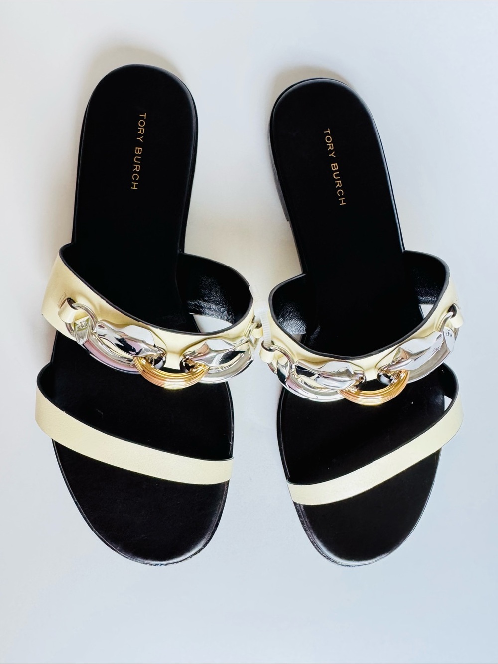 Tory Burch Cream and Metallic Chain Slide Sandals Never used, only stored!